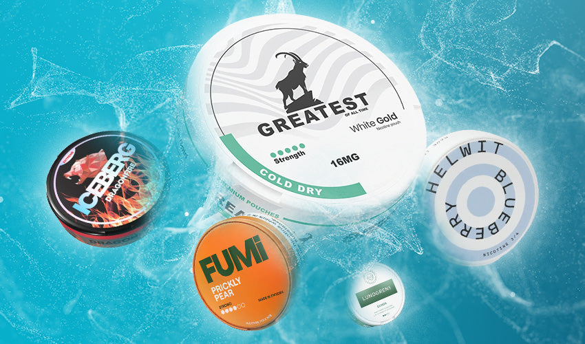 Collection of various nicotine pouch cans on a blue textured background