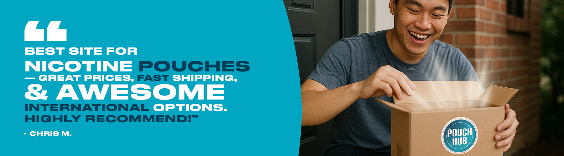 Person opening a box with text about a nicotine pouch review on a blue background banner